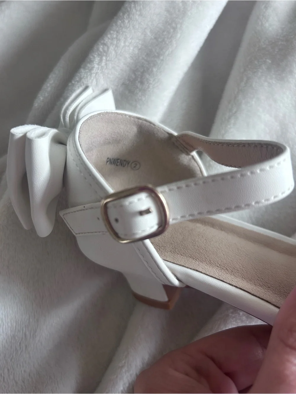 White Bow Accent Ankle-Strap Kitten Heels